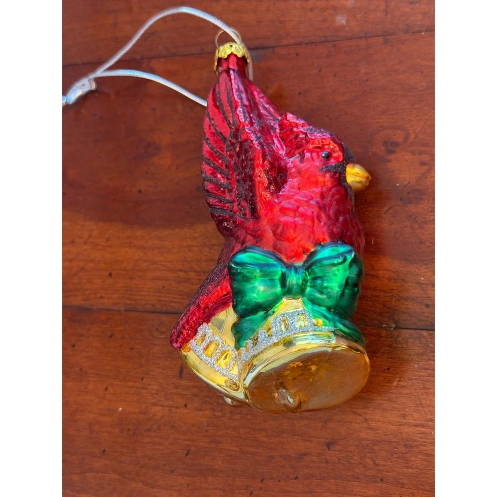 Lot of 3 Vintage Blown Glass Cardinal Christmas Ornaments Love Hope Joy Bells